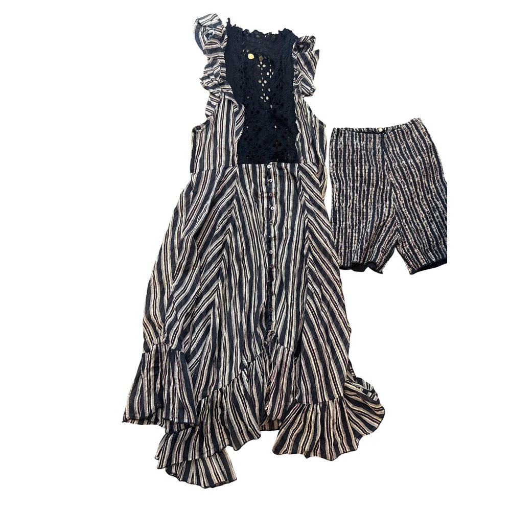 FP One Dress Womens XS/S Black Stripe Lace Ruffle Button Front Midi Sundress Set